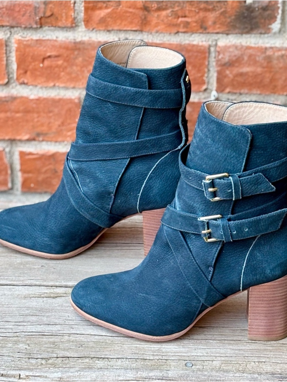 Kate Spade Lexy Teal Blue Suede Double Buckle Ankle Boots Sz 8.5 EXCELLENT